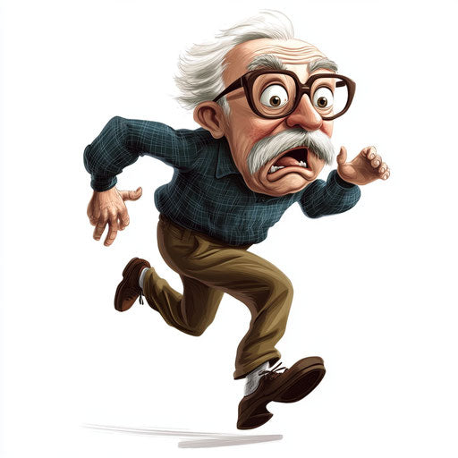Humorous caricature of a grandpa with human characteristics, large nose, big feet, vibrant, surprised
