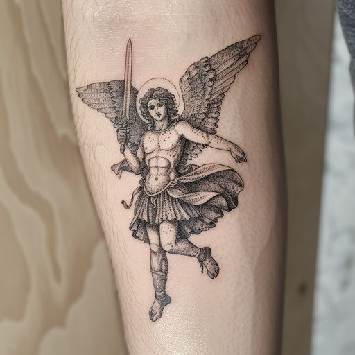 Dotwork tattoo of Saint Michael on white background