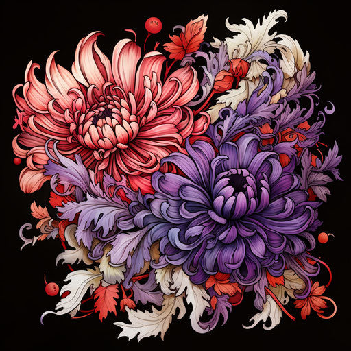 Chrysanthemum flower with red flowers and leaves, ink and color style