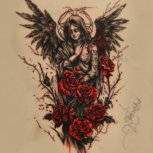Romantic tattoo sketch of the angel of death with roses and thorns, in crimson and black