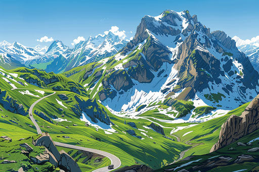 Mountain road through the Alps, snowy, blue sky