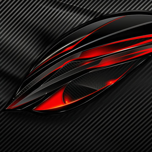 Sporty car logo with dynamic lines and vibrant red and black colors, on a carbon fiber background