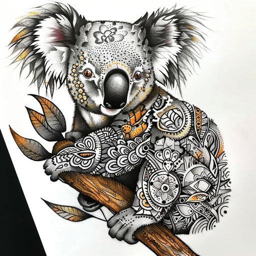 Exotic koala tattoo with Aboriginal dot painting patterns