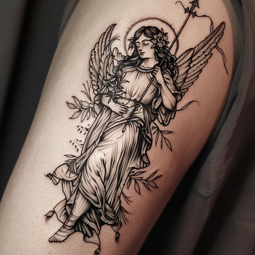 Guardian angel tattoo with mythical motifs on white background