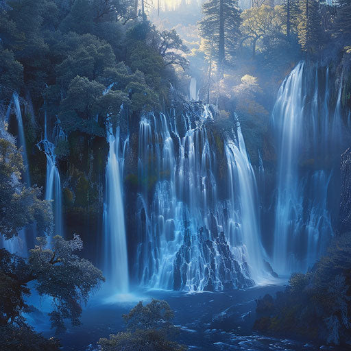 Burney Falls, California, at dusk with soft, ethereal lighting, in the style of William Patino