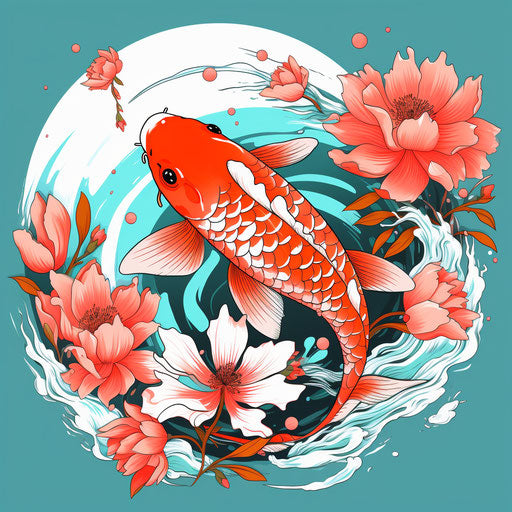 Koi fish with lotus and flowers in water, pop art-inspired graphics, simple colorful illustrations, east-west fusion, red and cyan, white background, tattoo-inspired