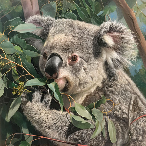 A koala munching on eucalyptus leaves, detailed texture of the food and fur.