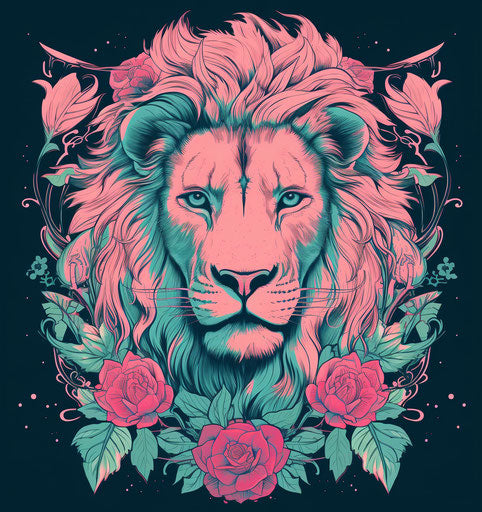 Lion with roses and leo sign, light emerald and violet style
