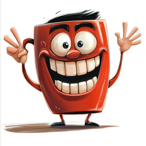 Humorous caricature of a coffee mug with exaggerated human characteristics, grinning teeth, long waving arms, vibrant colors, cartoon style, surprise, high resolution, isolated