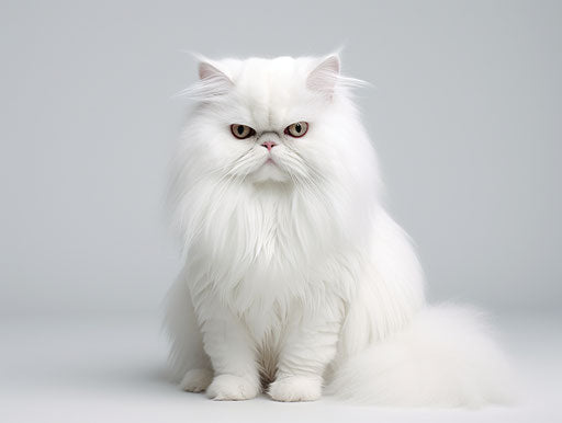 White cat on white background, exaggerated facial features style