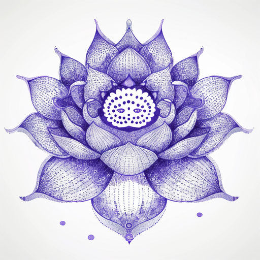 Crown Chakra tattoo illustration in dotwork style, violet dots forming a lotus on a white background