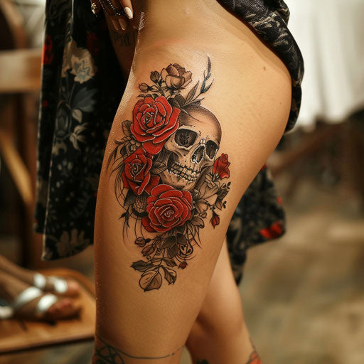Leg tattoos for women in the style of Ed Hardy with roses and skulls