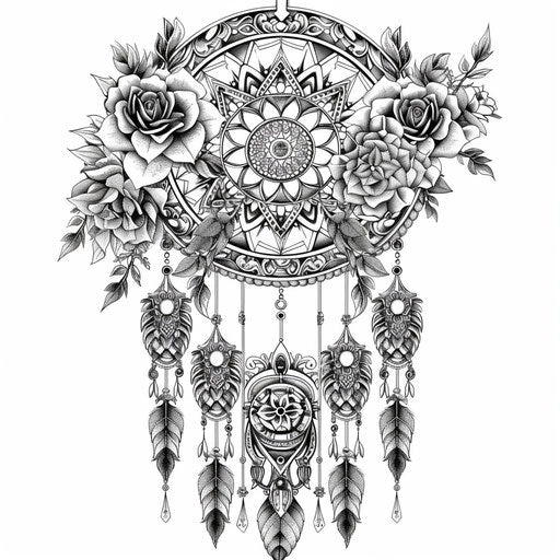 Artistic dream catcher with intricate floral designs