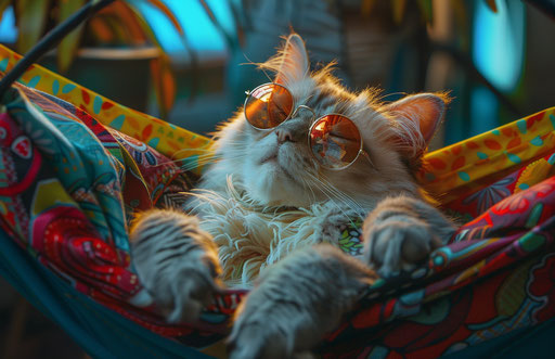 Cat napping in hammock with shades and bright shirt