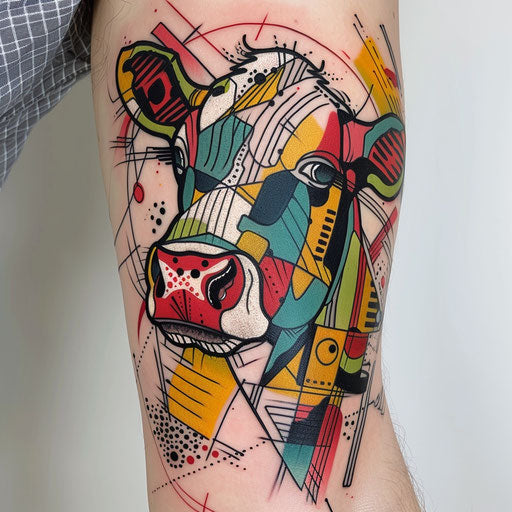 Pop art cow tattoo with bold, contrasting colors