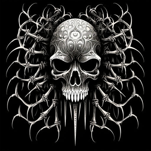 Black spider skull linocut with multi-layered figures