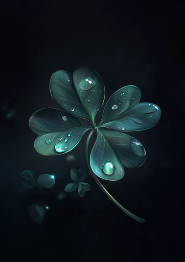 Realistic four-leaf clover with dew drops on an elegant dark background