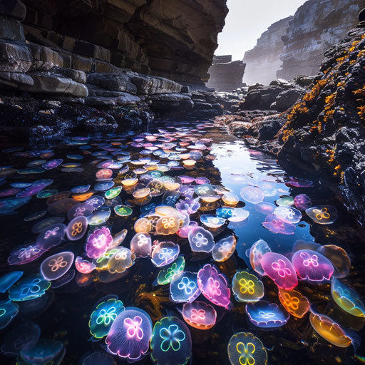The hidden wonder: a colorful jellyfish-filled rock pool found at low tide on a remote rugged coastline
