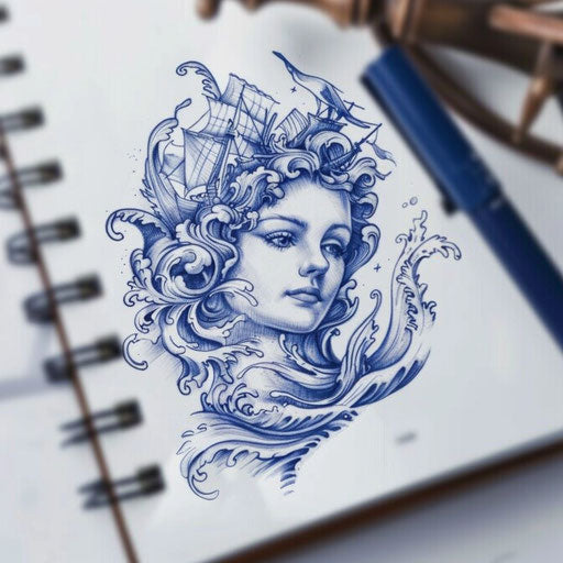 Nautical themed tattoo sketch of Aphrodite with ocean waves and deep navy blue accents