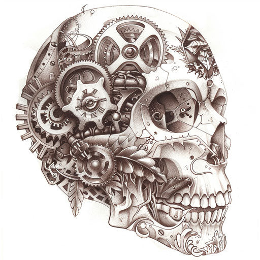 Sugar skull with clockwork gears and mechanical elements