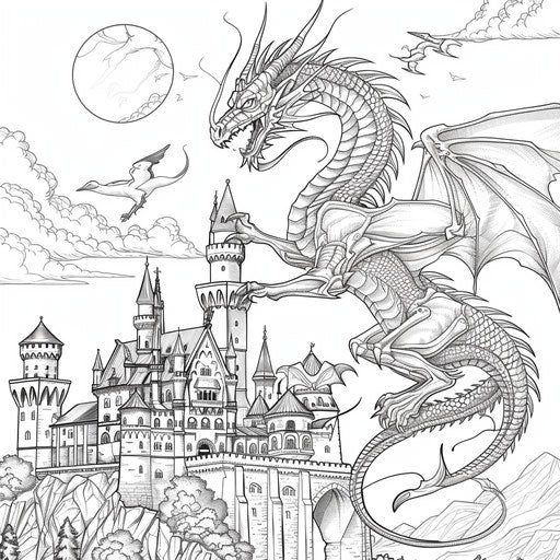 Majestic dragon wrapping around a castle. Coloring book page