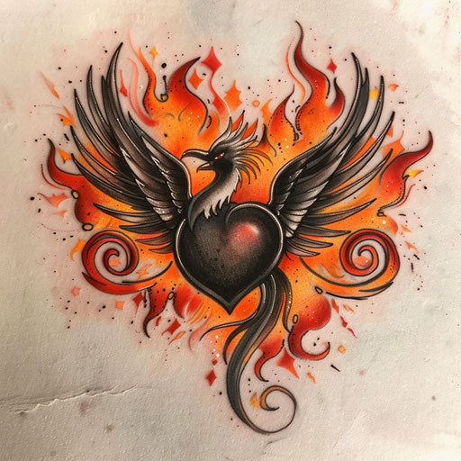 Black heart surrounded by vibrant orange phoenix