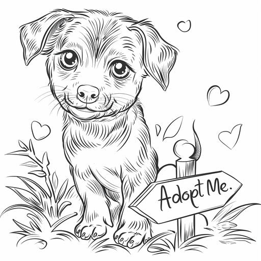 Cute puppy with big, pleading eyes next to a 'Adopt Me' sign. Coloring book page