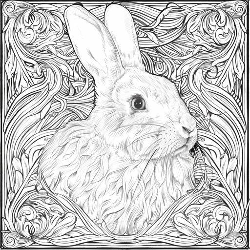 An Art Nouveau bunny surrounded by decorative lines. Coloring book page