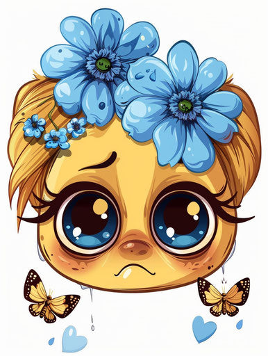 Sad emoji with blue flowers and flying butterflies