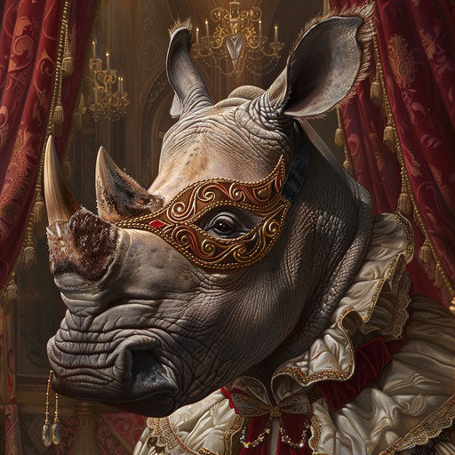 A rhino at an elegant masquerade ball