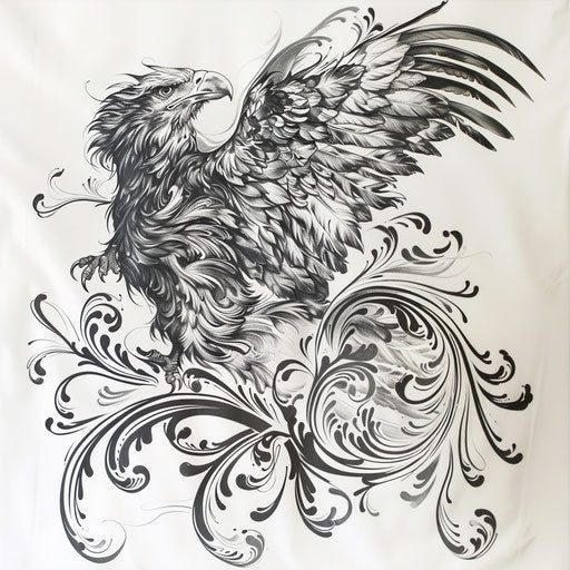 Baroque inspired eagle tattoo, intricate scrolls on white background