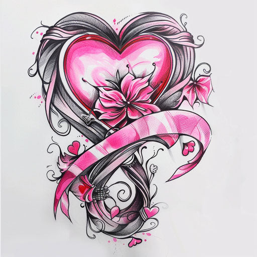 Meld of heart and pink ribbon artistic tattoo on white