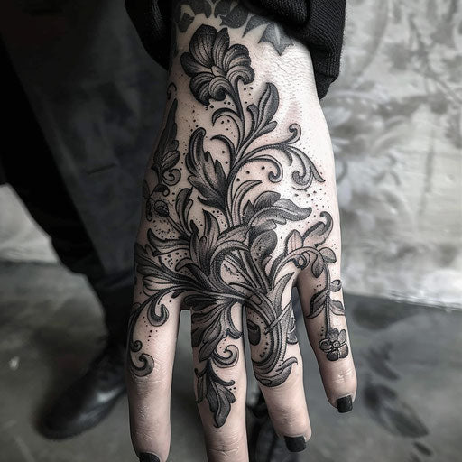 Men's finger tattoos in the style of Maria Sibylla Merian with intricate floral details