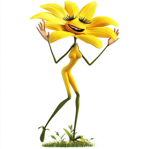 Humorous caricature of a wildflower with human characteristics