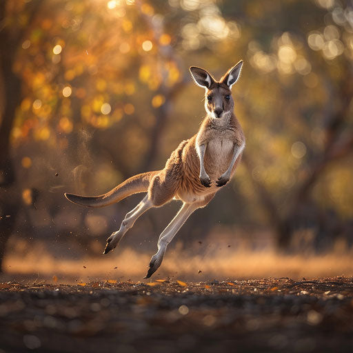 Red kangaroo in mid-hop over a dry riverbed