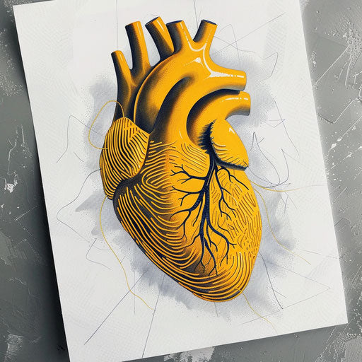 Electric fingerprint heart tattoo with dynamic lines in bright yellow on white paper