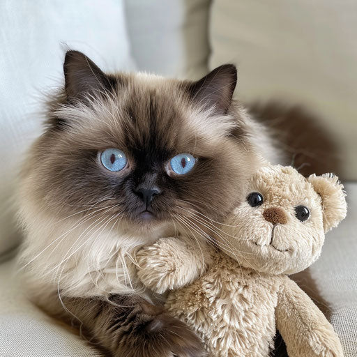 Himalayan cat with big blue eyes, cuddling a stuffed animal