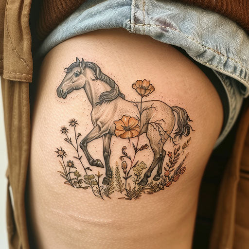 Wildflower tattoo with horse, earthy tones, dynamic pose, nature scene