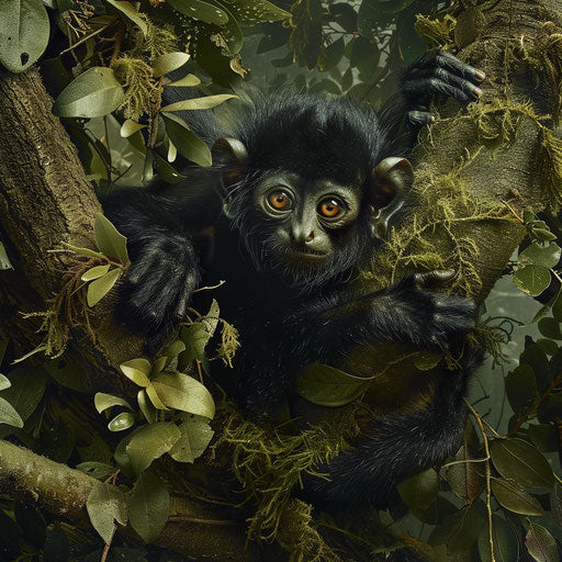 Spider monkey playfully interacting with surroundings