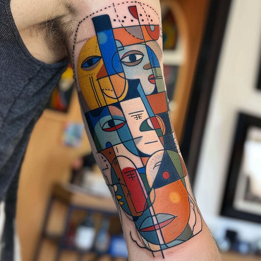 Geometric shapes patchwork tattoo in the style of Steve Sack