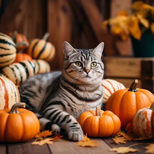 American cat resting with pumpkins