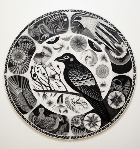 Black and white drawing of round shape, stylized animal motifs, iban art
