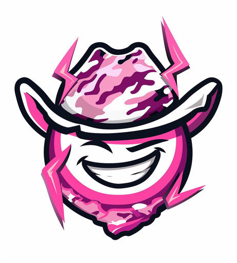 Emoji cowboy with pink lightning bolts on white background
