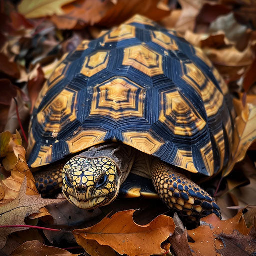 Texas tortoise camouflaged among autumn leaves in dense forest