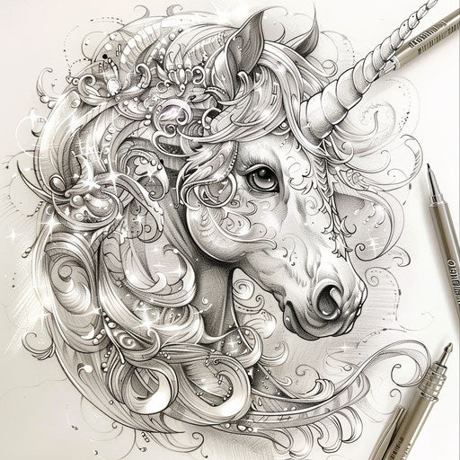Sketch of a mystical unicorn tattoo with a rainbow