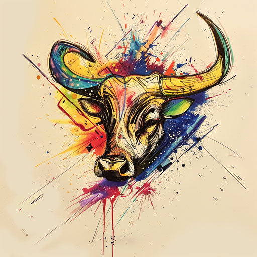 Dynamic tattoo sketch of the Taurus constellation with expressionist art strokes and vivid colors