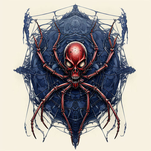 Spider on web, skull motifs style, maroon and dark blue, tattoo