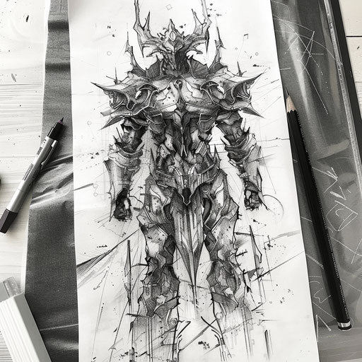 Futuristic tattoo sketch of an oriental robot warrior with metallic effects and modern design