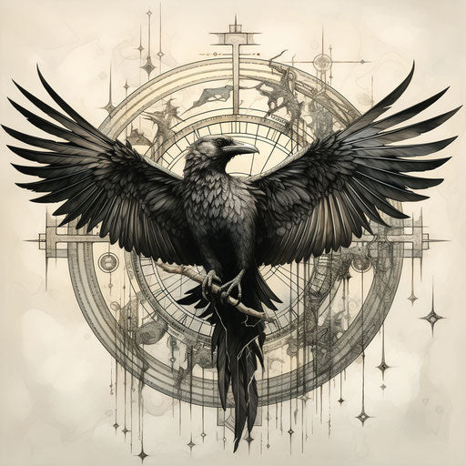 The raven flying with its wings, geometric balance style