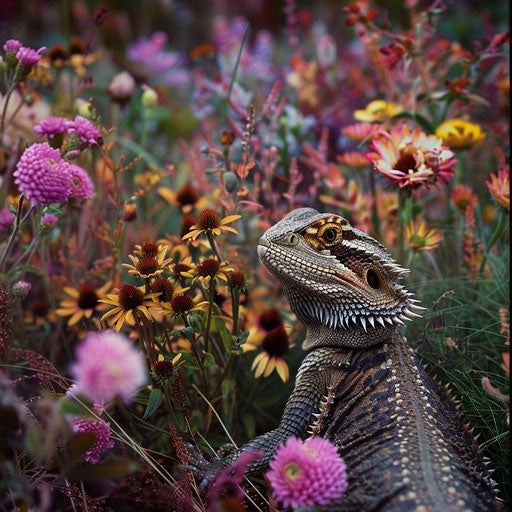 Bearded dragon in a field of flowers